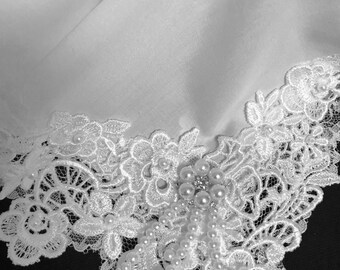 Wedding hankie in white with hand sewn pearls and a pearl dangle.