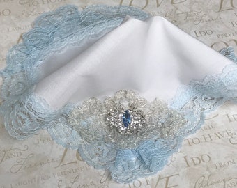 Blue wedding hankies.  Something blue hankie. Bridal hankies.