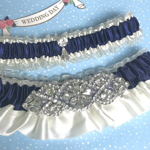 Navy and ivory wedding garters. Navy ivory garter set. Navy blue garters.