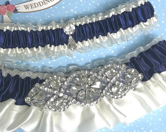 Navy and ivory wedding garters. Navy ivory garter set. Navy blue garters.