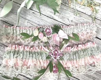 Liga nupcial rosa y salvia, ligas de novia de encaje marfil