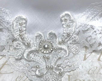 Pearled wedding hankie in white.  Bridal hankies.  Handkerchief.