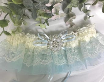 Bridal blue and ivory wedding keepsake garter.  Something blue garter.