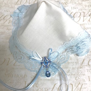 Ivory blue wedding hankie. Something blue bridal hankie. Handkerchief.