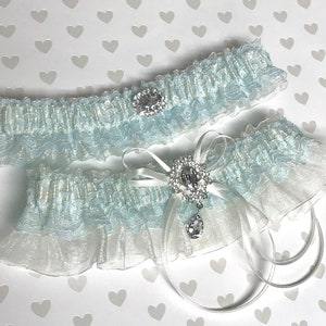 Ivory and something blue with jewels.  Wedding garter set.  Garters for bride.