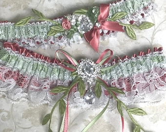 Conjunto de ligas de boda en tonos salvia, marsala y blanco o marfil. Ligas de novia en tonos salvia. Ligas de boda.
