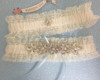 Fine lace something blue wedding garter set,  Wedding garters,  Garters