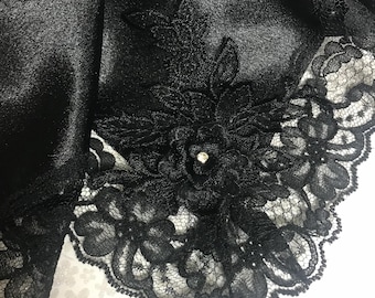 Black Satin Lap Scarf with Lace Applique