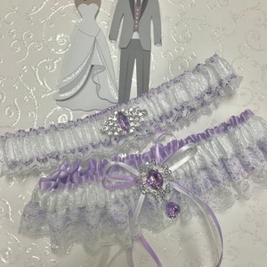 Lavender & iridescent white wedding garter set.  Lavender Bridal garters.  Lavender Wedding garters.