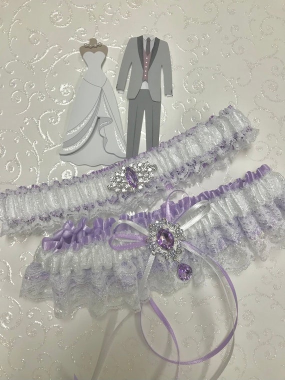 Lavender Wedding Garter Set: Iridescent White Lace, Lavender jeweled Detail