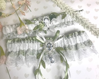 Sage wedding garter set.  Sage and white bridal garters.