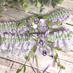 Lavender and sage wedding garter set.  Bridal garters.  Garters.