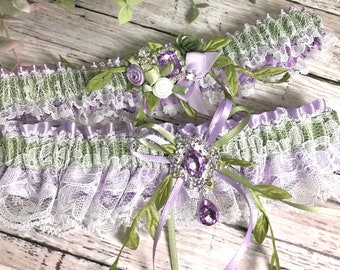 Lavender and sage wedding garter set.  Bridal garters.  Garters.