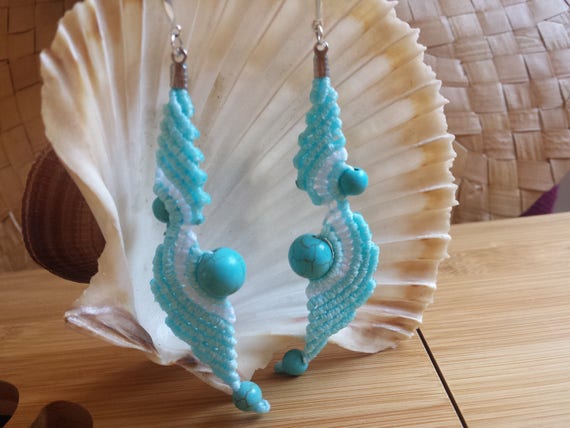 vintage boho jewelry woodland fairy Macrame earrings in petrol blue with tiger eye