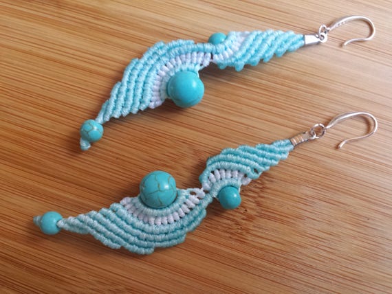 vintage boho jewelry woodland fairy Macrame earrings in petrol blue with tiger eye
