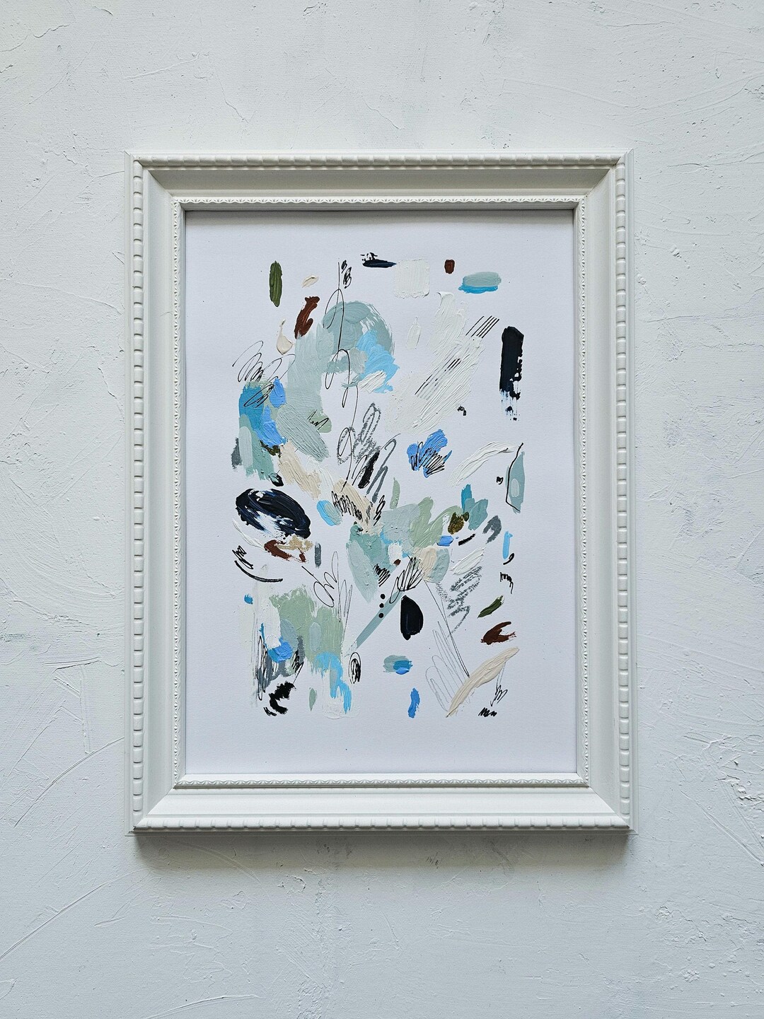 オリジナルの抽象的なミクストメディア絵画：青と白のテクスチャA4