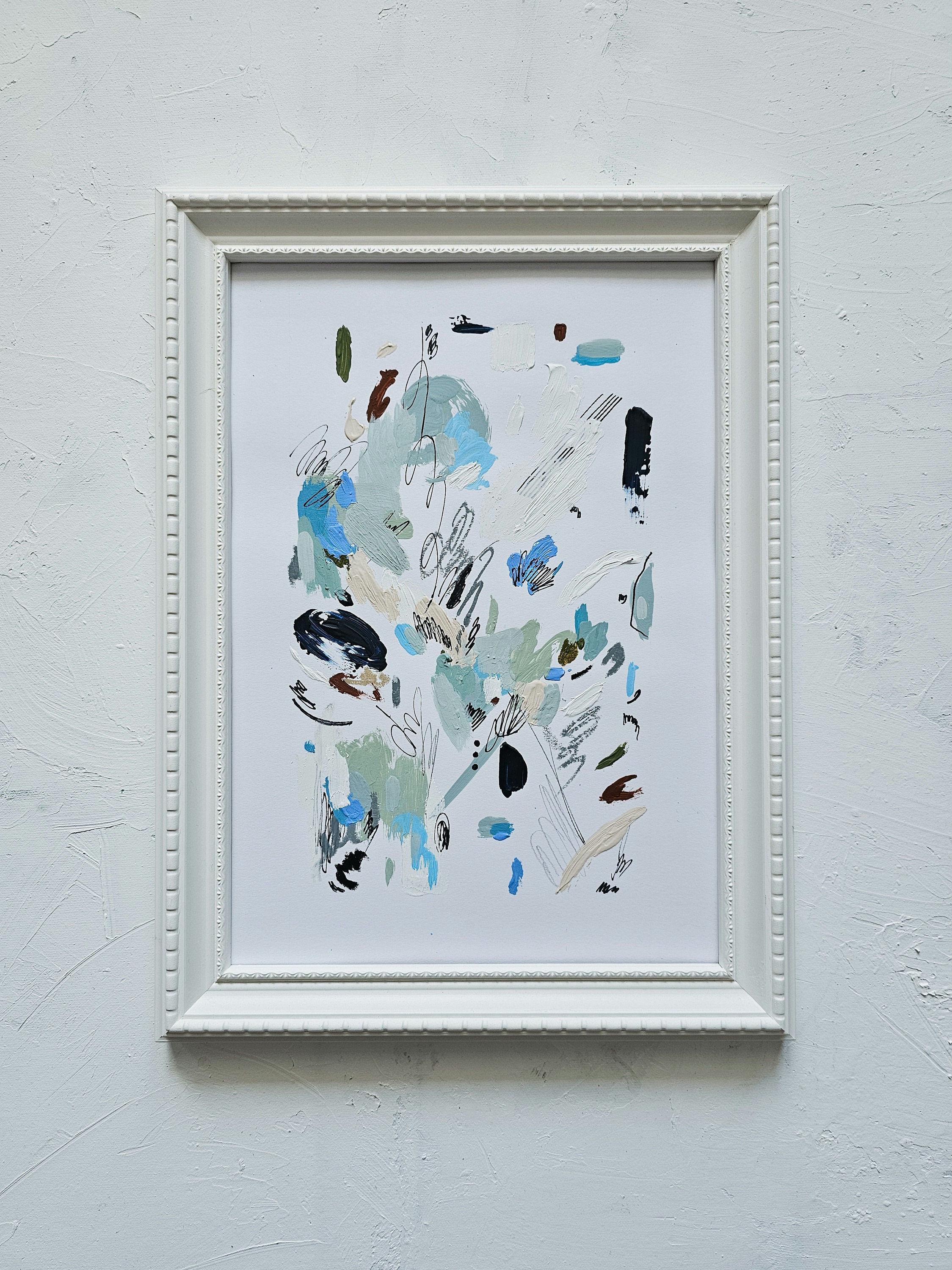 オリジナルの抽象的なミクストメディア絵画：青と白のテクスチャA4