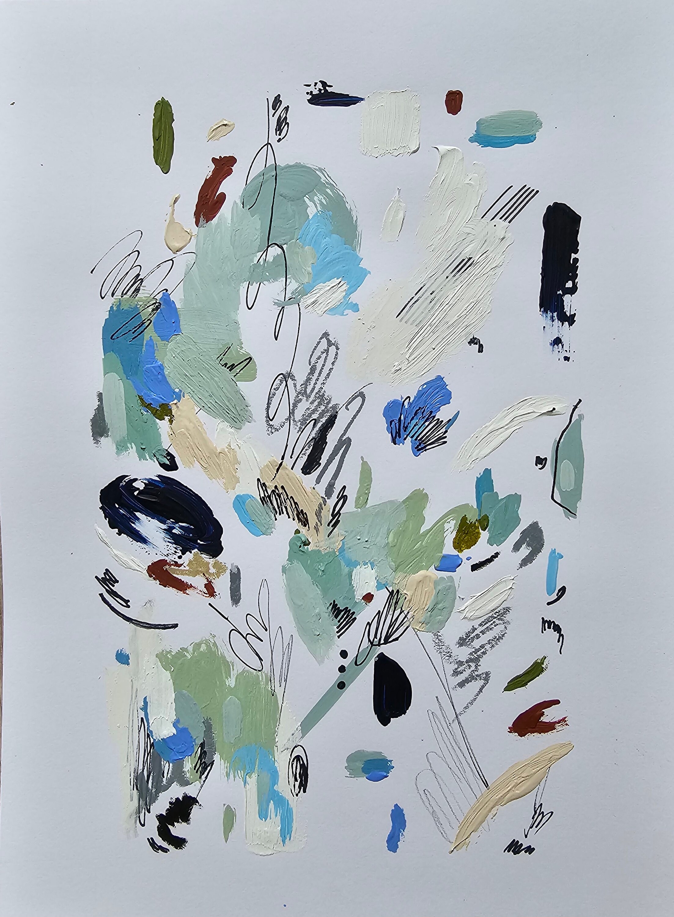 抽象画 美術　ミクストメディア オリジナルの抽象的なミクストメディア絵画：青と白のテクスチャA4