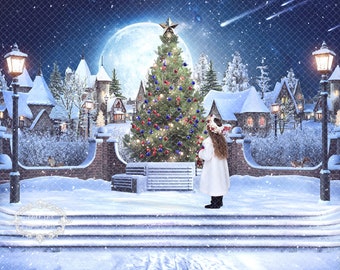 Winter Village Digital Backdrop, Christmas Backdrop, Winter, Christmas, Snow