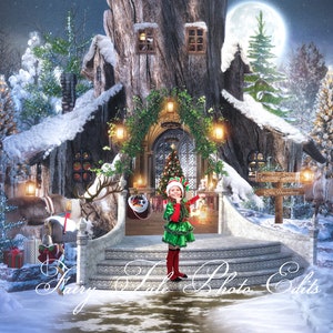 Santa's Tree Cottage Digital Backdrop, Christmas Backdrop, Santa, Christmas, Digital Backdrop