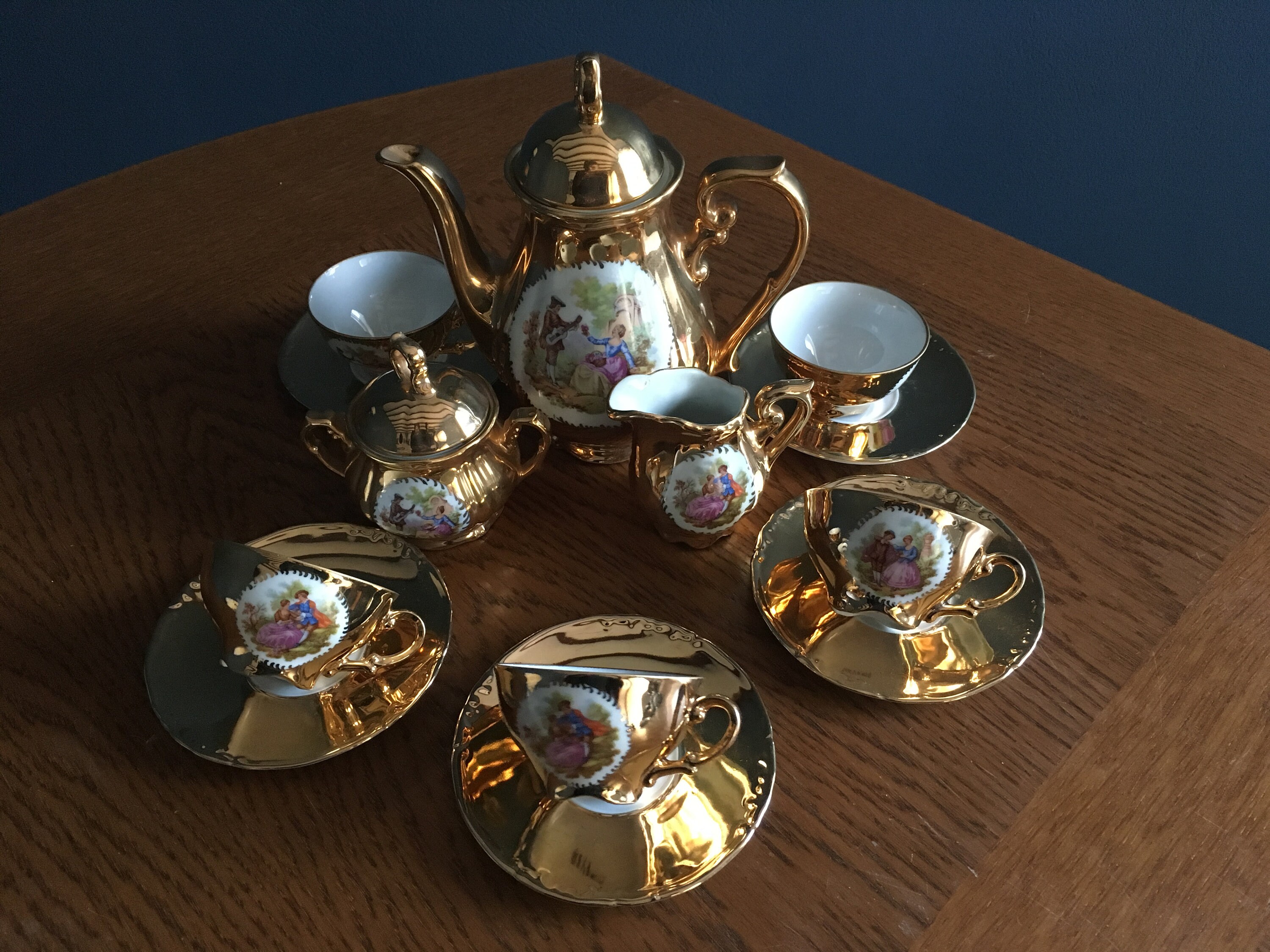 Service à Thé/Café Fragonard Porcelaine Dorée de Bavière 5 Personnes