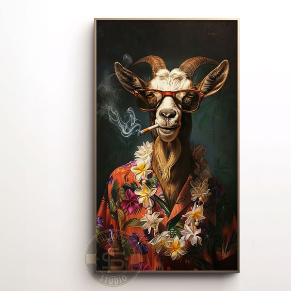 Frame TV Art pet portrait Goat smoking cigarette Sunglasses Hawaiian shirt art for frame TV wallpaper images for frame TV Printable Wall Art