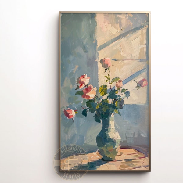 Cadre TV Art mural imprimable Roses dans un vase minimalisme abstrait peinture couleurs pastel portrait images pour Samsung