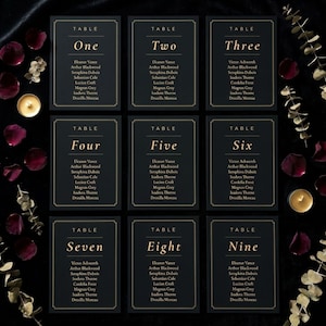 Gothic Sitzplan Hochzeit | Stimmungsvoller Blumentisch Sitzplatz Vorlage | Bearbeitbare Leinwand | Druckbare Tischzuordnungskarten | Dunkle Romantik