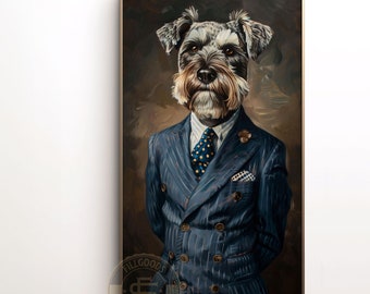 Pet portrait Gray Schnauzer wears polka dot suit animal portrait art for frame TV background wallpaper for frame TV Printable Wall Art