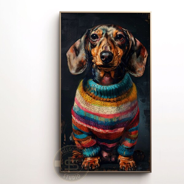 Frame TV Art Dachshund wearing a colorful retro pastel stripe sweater painting style for frame TV, pet portrait images for Samsung Frame TV