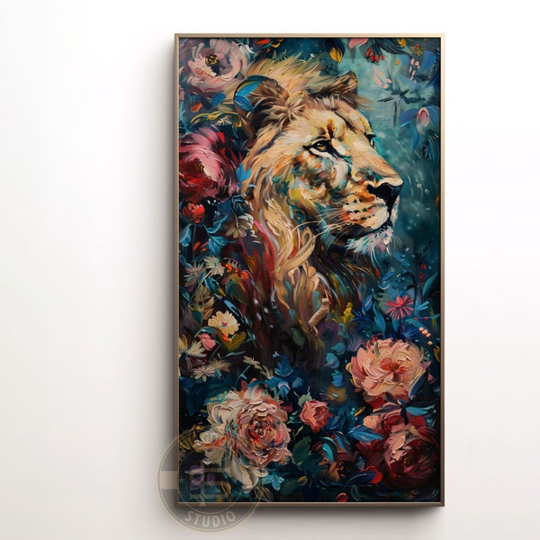 Frame TV Art Beautiful lion floral fantasy painting style by Renoir animal portrait for Frame TV, pet portrait images for Samsung Frame TV