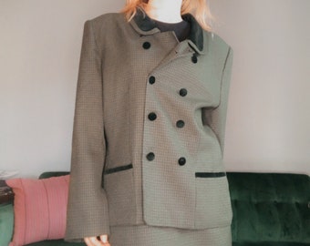 Élégant costume à carreaux vert avec bordure en velours noir, taille 16