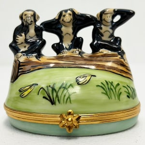 Vintage Limoges Monkey Pill Box: See, Hear, Speak No Evil