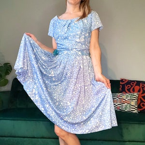 R & K Originals 1950s Watercolor Dot Dress, Size Small, 50s Midi Dress