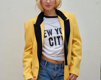 Vintage Louis Féraud Yellow Blazer | 1980s Designer Statement Jacket, Wool, Size 10