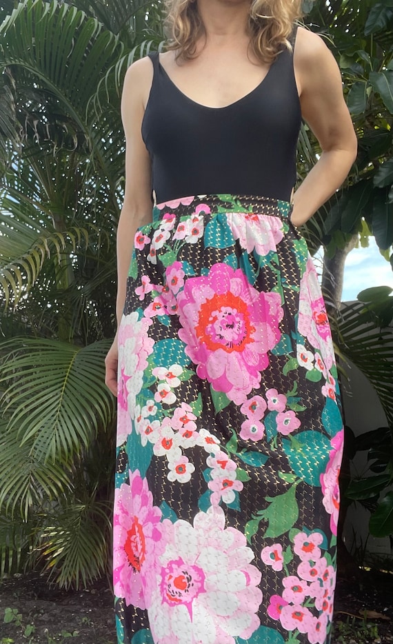 Pink & Black Brocade 70s  Maxi, Waist: 28”