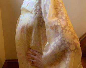 Vintage 60s Floral Robe: Lace Trim Hooded Dressing Gown, Size Small