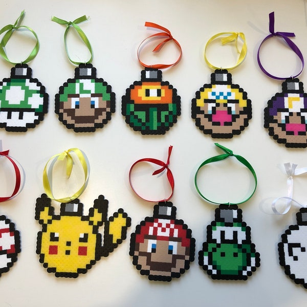 Christmas tree Perler Bead ornaments. Mario and Pokemon