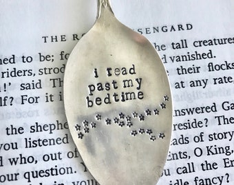 i read past my bedtime bookmark + hand stamped bookmark + spoon bookmark + reader gift + bookworm + stamped spoon + bookmark