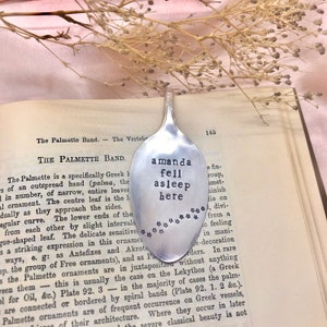 CUSTOM fell asleep here bookmark + hand stamped bookmark + spoon bookmark + reader gift + bookworm + stamped + bookmark + book club gift