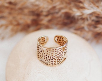 Adjustable Tribal Ring | Wide Band Boho Ring | Free size Bohemian Ring | Golden Brass Ring with patterns | Gift for Hippie Free Spirit