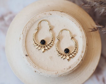 Black Onyx Earrings 'THEIA' | Floral Earrings Small Golden Hoops with Gemstone | Bohemian Ethnic Jewelry | Tribal Festival Ethical Wear