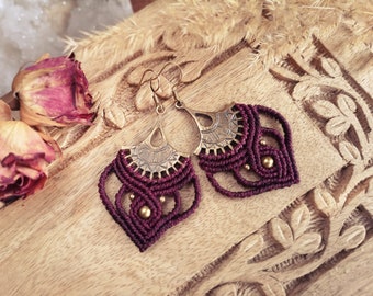 Boho Earrings 'SHANTI' | Micro Macrame Earrings | Artisan Bohemian Jewelry | Burgundy Woven Textile | Gypsy Tribal Hippie | Unique Gift