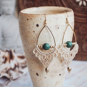 Beige Earrings with Turquoise 'UDAYA' Bohemian Micro Macrame Earrings with Green Stone Boho Jewelry Gemstone Earrings Beach Wedding image 7