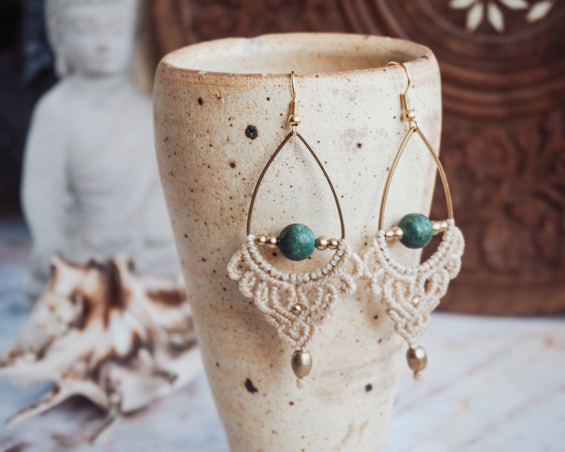 Beige Earrings with Turquoise 'UDAYA' Bohemian Micro Macrame Earrings with Green Stone Boho Jewelry Gemstone Earrings Beach Wedding image 7