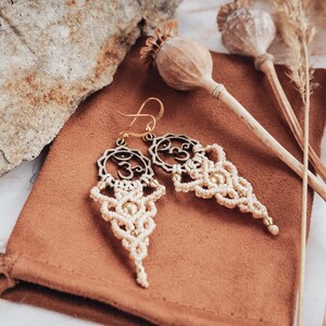 Boho Earrings Om Symbol Bohemian Jewelry Spiritual Gift for Yogi Hippie Long Beige Earrings Micro Macrame Sacred Geometry image 7