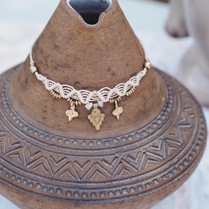 Macrame Necklace &#39;LAYLA&#39; | Delicate Choker | Boho Wedding | Beige Cream Ivory Elven Ethnic Jewelry | Tribal Goddess | Healing Crystal