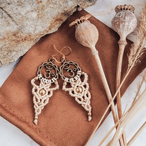 Boho Earrings Om Symbol Bohemian Jewelry Spiritual Gift for Yogi Hippie Long Beige Earrings Micro Macrame Sacred Geometry image 8
