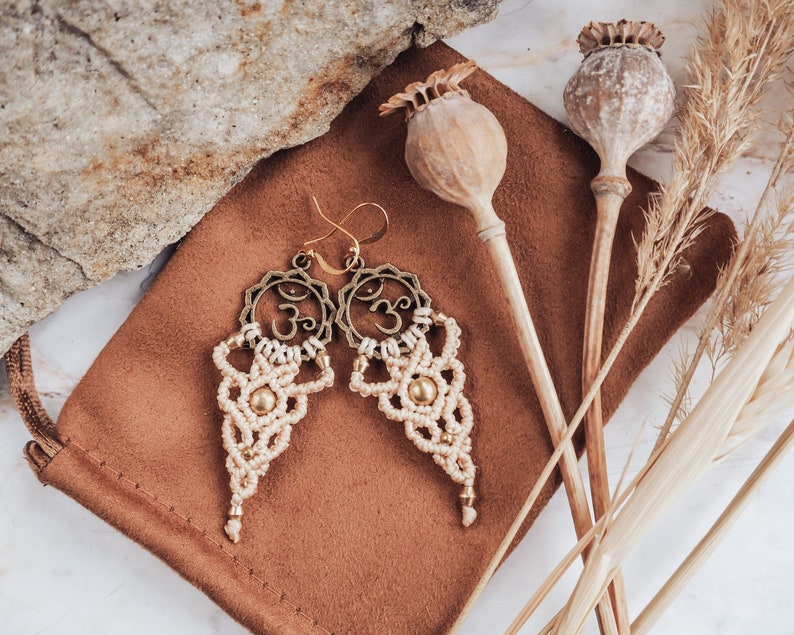 Boho Earrings Om Symbol Bohemian Jewelry Spiritual Gift for Yogi Hippie Long Beige Earrings Micro Macrame Sacred Geometry image 8