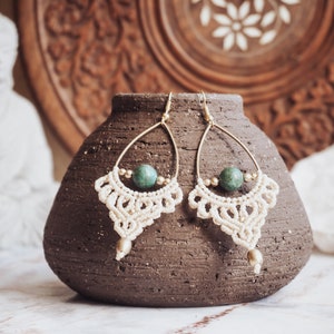 Beige Earrings with Turquoise 'UDAYA' Bohemian Micro Macrame Earrings with Green Stone Boho Jewelry Gemstone Earrings Beach Wedding image 4